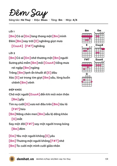 Hợp âm Đêm Say (Hà Thuý) – bản nhạc PDF trang 1, tông Bm