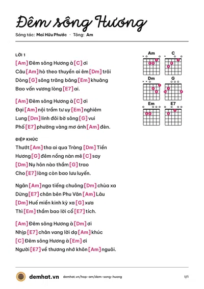 Hợp âm Đêm sông Hương (Mai Hữu Phước) – bản nhạc PDF trang 1, tông Am