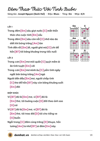 Hợp âm Đêm Thao Thức Với Tình Buồn (Diệu Hiền) – bản nhạc PDF trang 1, tông Em
