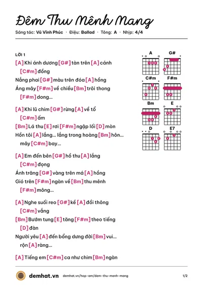 Hợp âm Đêm Thu Mênh Mang (Kim Khánh) – bản nhạc PDF trang 1, tông A