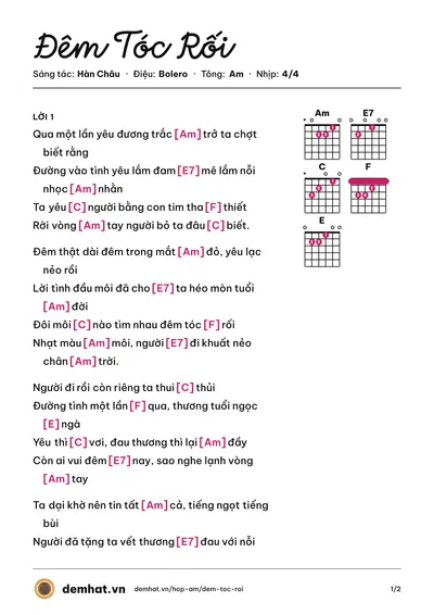 Hợp âm Đêm Tóc Rối (Mạnh Quỳnh) – bản nhạc PDF trang 1, tông Am