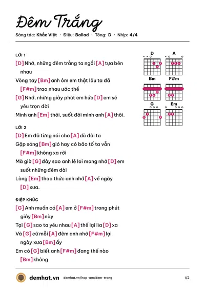Hợp âm Đêm Trắng (Khắc Việt) – bản nhạc PDF trang 1, tông D
