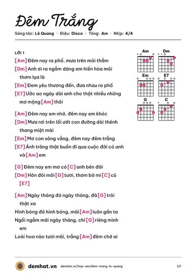 Hợp âm Đêm Trắng (Thùy Lâm) – bản nhạc PDF trang 1, tông Am