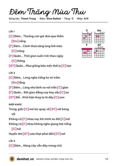 Hợp âm Đêm Trăng Mùa Thu (Hồng Tước) – bản nhạc PDF trang 1, tông C