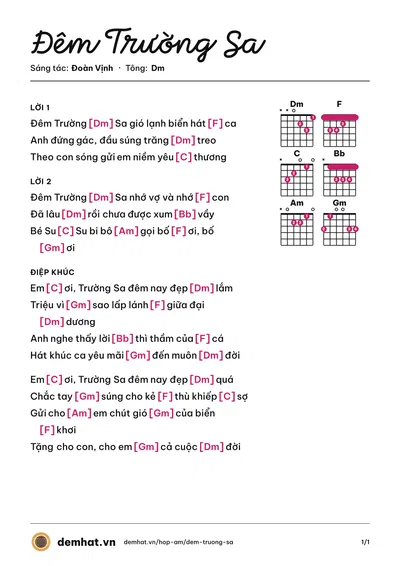 Hợp âm Đêm Trường Sa (Đoàn Vịnh) – bản nhạc PDF trang 1, tông Dm