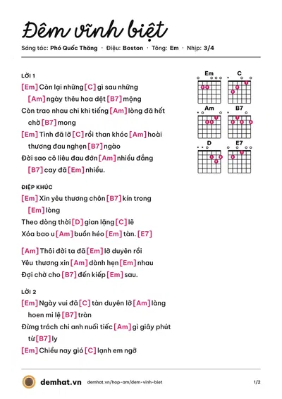 Hợp âm Đêm vĩnh biệt (Phó Quốc Thăng) – bản nhạc PDF trang 1, tông Em