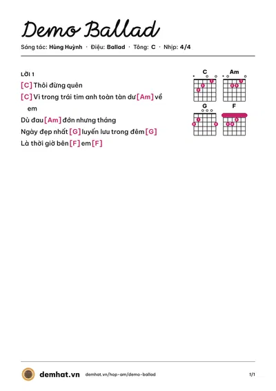 Hợp âm Demo Ballad (Hùng Huỳnh) – bản nhạc PDF trang 1, tông C