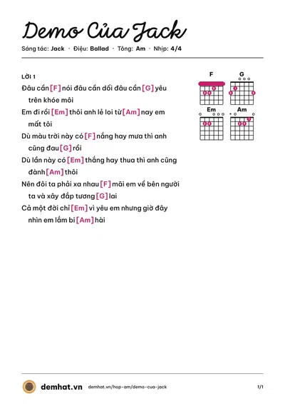 Hợp âm Demo Của Jack (Jack) – bản nhạc PDF trang 1, tông Am