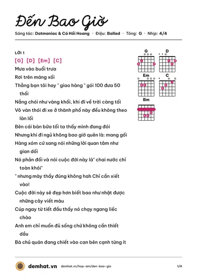 Hợp âm Đến Bao Giờ (Cá Hồi Hoang) – bản nhạc PDF trang 1, tông G