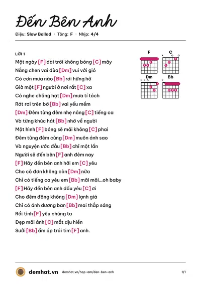 Hợp âm Đến Bên Anh (Quân Keyboard) – bản nhạc PDF trang 1, tông F