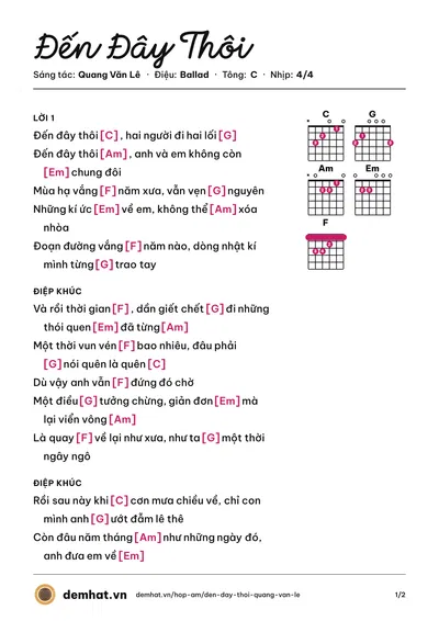 Hợp âm Đến Đây Thôi (Quang Văn Lê) – bản nhạc PDF trang 1, tông C