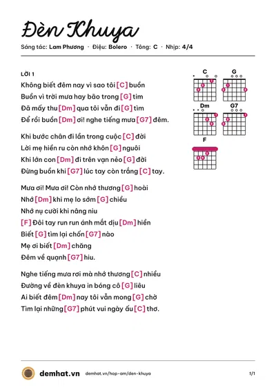 Hợp âm Đèn Khuya (Tuấn Vũ) – bản nhạc PDF trang 1, tông C