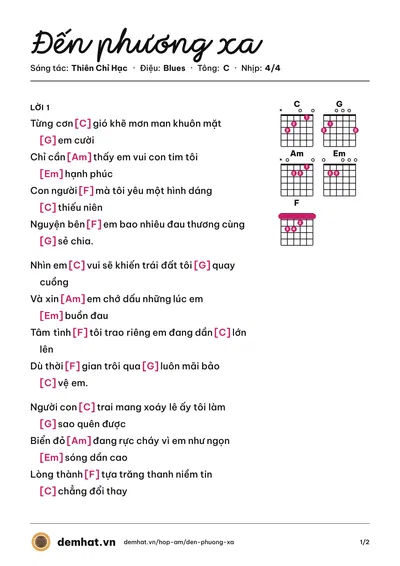 Hợp âm Đến phương xa (Thiên Chỉ Hạc) – bản nhạc PDF trang 1, tông C