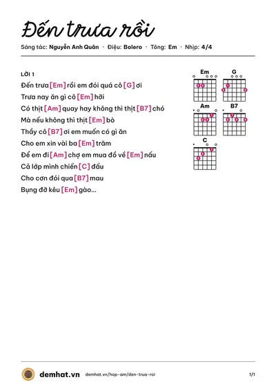 Hợp âm Đến trưa rồi (AkidashiNH) – bản nhạc PDF trang 1, tông Em