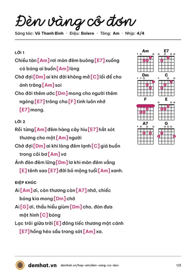 Hợp âm Đèn vàng cô đơn (Thanh Tuyền Ebony) – bản nhạc PDF trang 1, tông Am