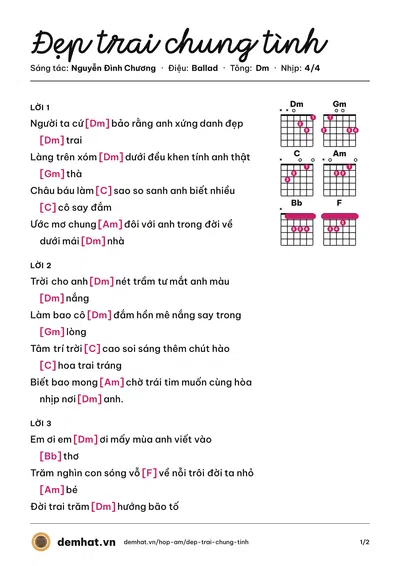Hợp âm Đẹp trai chung tình (Nguyễn Đình Chương) – bản nhạc PDF trang 1, tông Dm