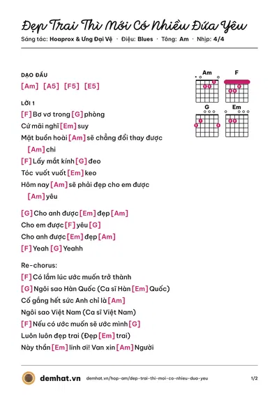 Hợp âm Đẹp Trai Thì Mới Có Nhiều Đứa Yêu (Song Luân) – bản nhạc PDF trang 1, tông Am
