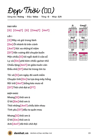 Hợp âm Đẹp Trời (東京） (Hoèng) – bản nhạc PDF trang 1, tông G