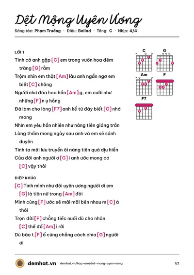 Hợp âm Dệt Mộng Uyên Ương (Lý Hải) – bản nhạc PDF trang 1, tông C