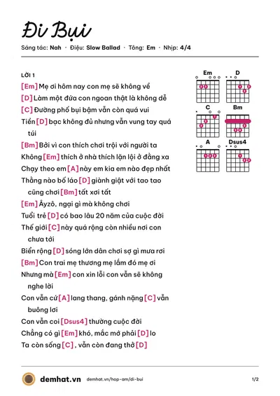 Hợp âm Đi Bụi (Nah) – bản nhạc PDF trang 1, tông Em
