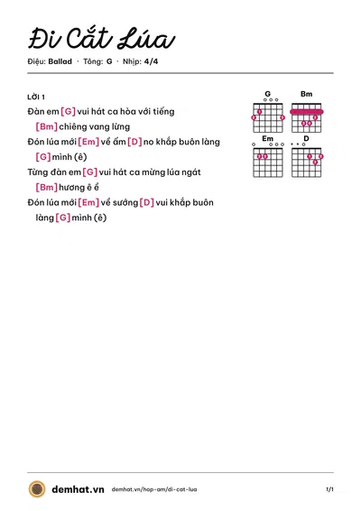 Hợp âm Đi Cắt Lúa (Tốp ca thiếu nhi) – bản nhạc PDF trang 1, tông G