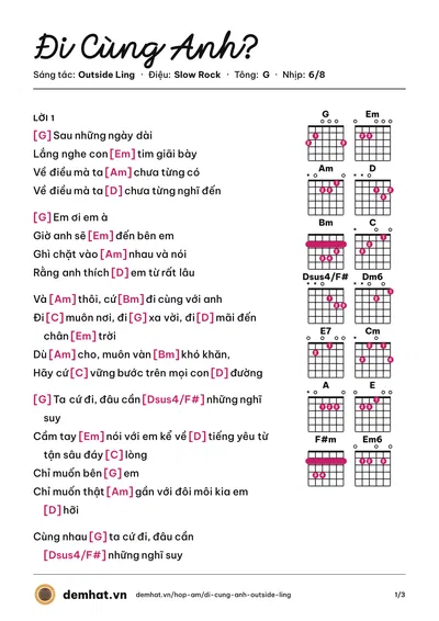 Hợp âm Đi Cùng Anh? (Outside Ling) – bản nhạc PDF trang 1, tông G