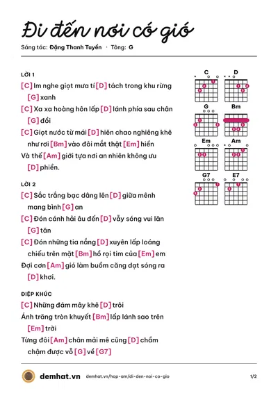 Hợp âm Đi đến nơi có gió (Đặng Thanh Tuyền) – bản nhạc PDF trang 1, tông G