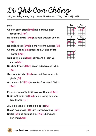 Hợp âm Dì Ghẻ Con Chồng (Dương Ngọc Thái) – bản nhạc PDF trang 1, tông Dm
