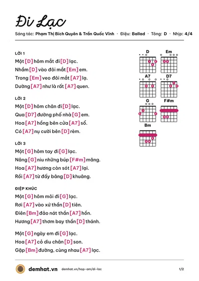 Hợp âm Đi Lạc (Phạm Thị Bích Quyên) – bản nhạc PDF trang 1, tông D