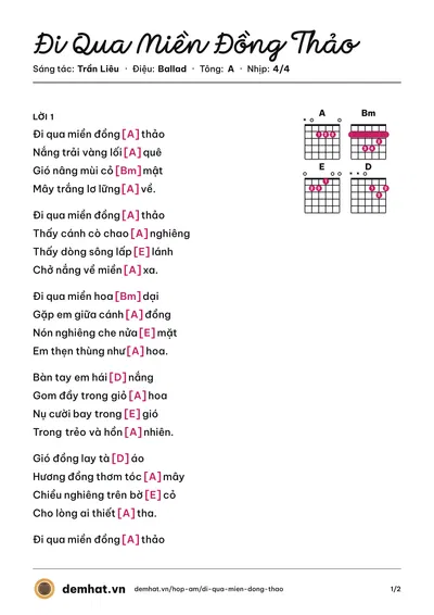 Hợp âm Đi Qua Miền Đồng Thảo (Trần Liêu) – bản nhạc PDF trang 1, tông A