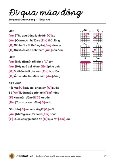 Hợp âm Đi qua mùa đông (Quốc Cường) – bản nhạc PDF trang 1, tông Am