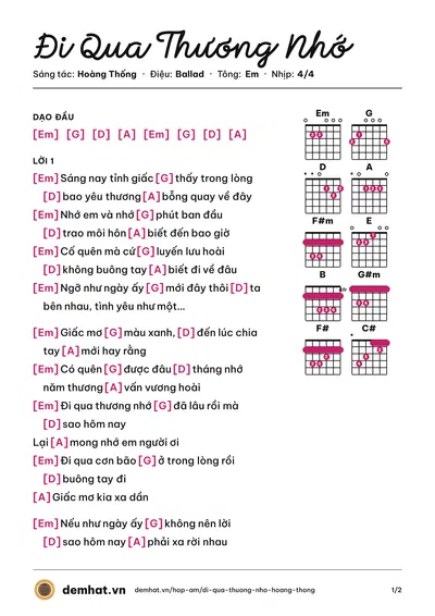 Hợp âm Đi Qua Thương Nhớ (Trung Quân) – bản nhạc PDF trang 1, tông Em