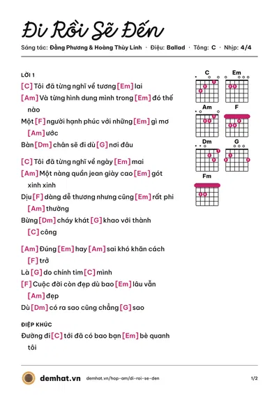 Hợp âm Đi Rồi Sẽ Đến (Hoàng Thùy Linh) – bản nhạc PDF trang 1, tông C