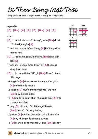 Hợp âm Đi Theo Bóng Mặt Trời (Đen Vâu) – bản nhạc PDF trang 1, tông D