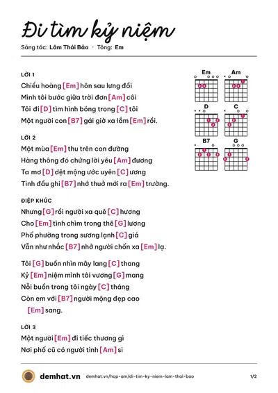 Hợp âm Đi tìm kỷ niệm (Hoàng Tuấn Linh) – bản nhạc PDF trang 1, tông Em