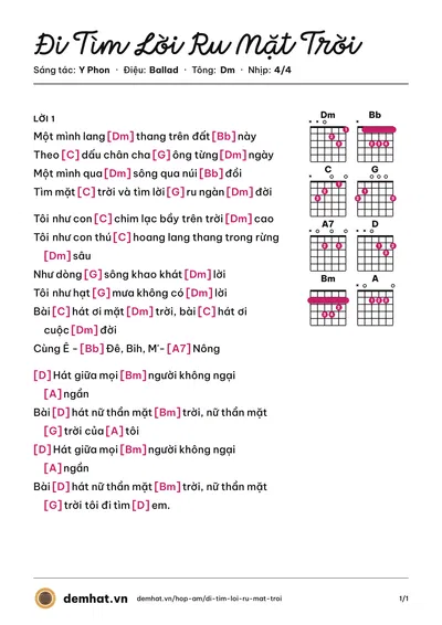Hợp âm Đi Tìm Lời Ru Mặt Trời (Eban Tú) – bản nhạc PDF trang 1, tông Dm