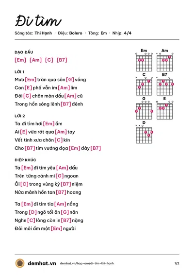 Hợp âm Đi tìm (Hồng Anh) – bản nhạc PDF trang 1, tông Em