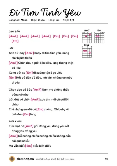 Hợp âm Đi Tìm Tình Yêu (Mono) – bản nhạc PDF trang 1, tông Em