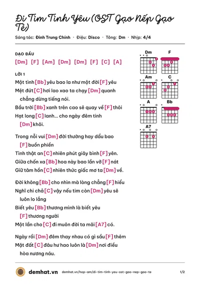 Hợp âm Đi Tìm Tình Yêu (OST Gạo Nếp Gạo Tẻ) (Ôn Vĩnh Quang) – bản nhạc PDF trang 1, tông Dm
