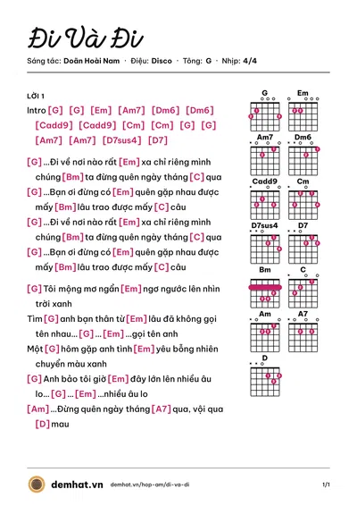 Hợp âm Đi Và Đi (HUB) – bản nhạc PDF trang 1, tông G
