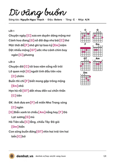 Hợp âm Dĩ vãng buồn (Nguyễn Ngọc Thạch) – bản nhạc PDF trang 1, tông C