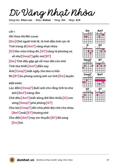 Hợp âm Dĩ Vãng Nhạt Nhòa (Tô Chấn Phong) – bản nhạc PDF trang 1, tông Em