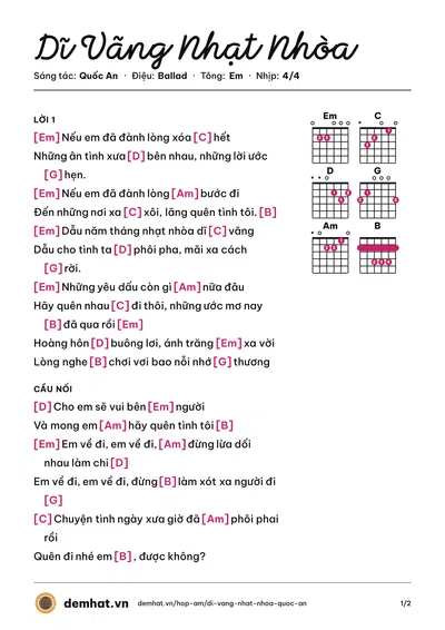 Hợp âm Dĩ Vãng Nhạt Nhòa (Lý Hải) – bản nhạc PDF trang 1, tông Em