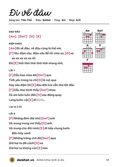 Hợp âm Đi về đâu (Tiên Tiên) – bản nhạc PDF trang 1, tông Am