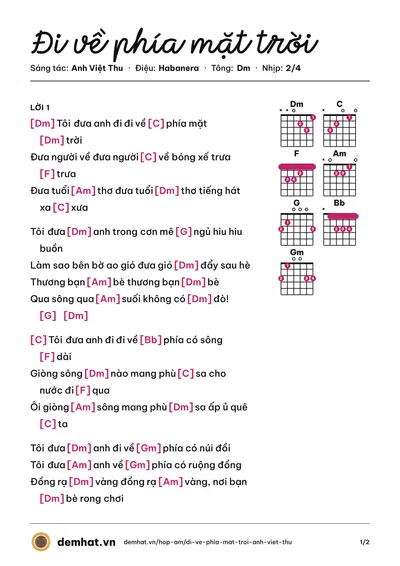 Hợp âm Đi về phía mặt trời (Anh Việt Thu) – bản nhạc PDF trang 1, tông Dm