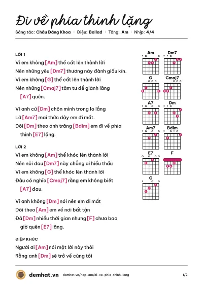 Hợp âm Đi về phía thinh lặng (Quang Dũng) – bản nhạc PDF trang 1, tông Am