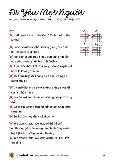 Hợp âm Đi Yêu Mọi Người (Đức Phúc) – bản nhạc PDF trang 1, tông D
