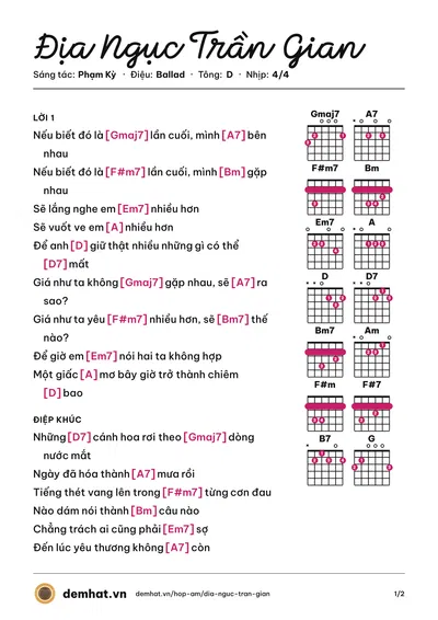 Hợp âm Địa Ngục Trần Gian (Phạm Kỳ) – bản nhạc PDF trang 1, tông D