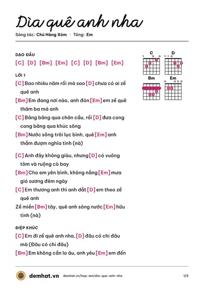 Hợp âm Dìa quê anh nha (Vương Thiên Tuấn) – bản nhạc PDF trang 1, tông Em