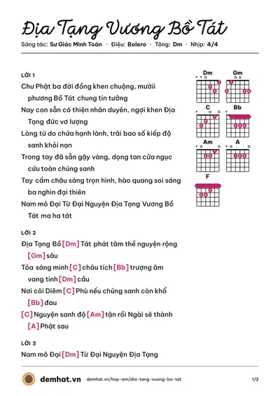 Hợp âm Địa Tạng Vương Bồ Tát (Dương Đình Trí) – bản nhạc PDF trang 1, tông Dm